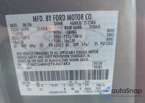 2007 Ford Escape Hybrid from USA, damaged, VIN 1FMCU49H27KA67453